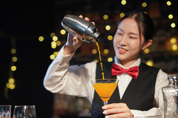 Professional female bartender preparing alcoholic drinks in a bar