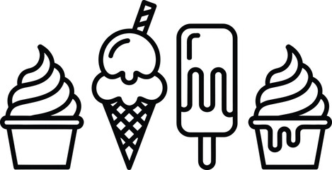 Collection of simple black and white line art icons representing different types of ice cream