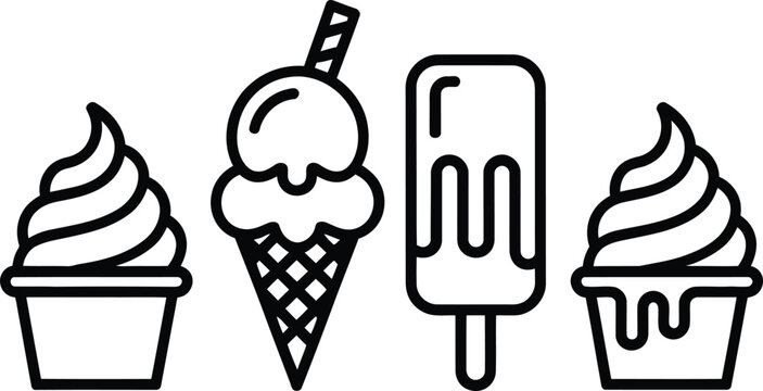 Collection of simple black and white line art icons representing different types of ice cream