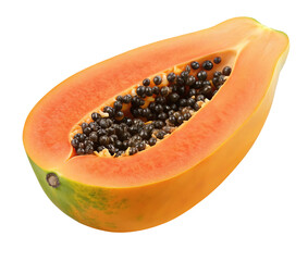 Fresh papaya slice showing vibrant orange flesh and dark seeds on white background for health foods