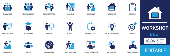 Workshop solid Icons set. Features icons of Training, Education, Seminar, Learning, Teamwork, and Presentation. Perfect for HR and Business.