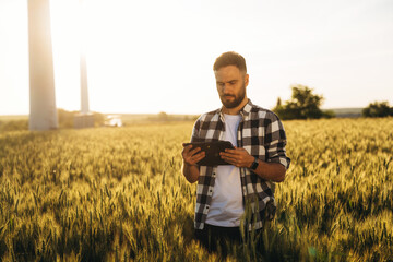 Sunny weather, front view. Guy engineer in wheat field against wind turbines