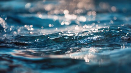 Close-up of shimmering, rippling water surface with bokeh effect, showcasing texture and light reflections