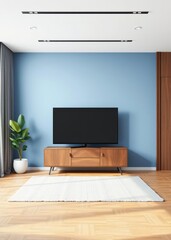 3d rendering of a mock-up black tv on a cabinet in a modern interior design room with a blue wall and wooden floor empty space for an advertising product banner Empty room interior design Ultra rea