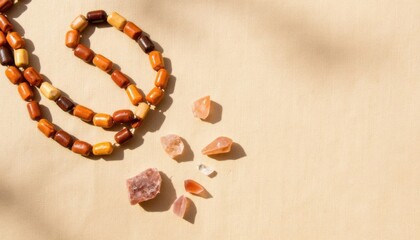Colorful beaded necklace and assorted natural stones arranged on a light background in bright sunlight