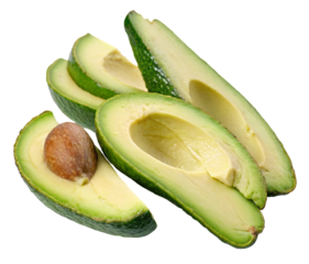 Fresh organic avocado halves and slices on white background for healthy nutrition and recipes