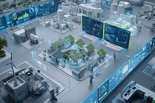 A futuristic smart grid control center displaying real-time data from a diverse energy mix