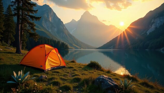 Golden hour light bathes a picturesque camping area; tents among trees near a mountain lake , scenic, blue, escape