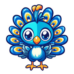 Fototapeta premium Adorable Cartoon Peacock: Blue, Cute, Big Eyes, Feathers, Illustration, Graphic Design Element, Perfect for Kids' Products, Apparel, and Digital Designs. High-quality vector illustration.