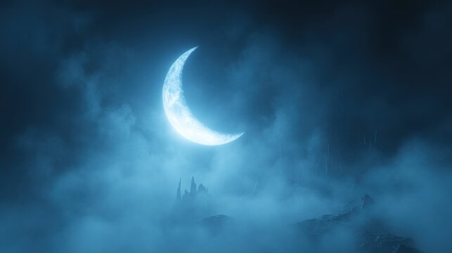 Crescent moon, misty, dark, surreal landscape