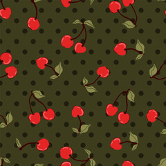 red cherry fruit polka dot seamless pattern, fabric, prints, cover trendy  Coquette core background © Iryna