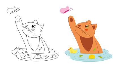 Two cute cats catches a butterfly in the water. Clip art for your projects.