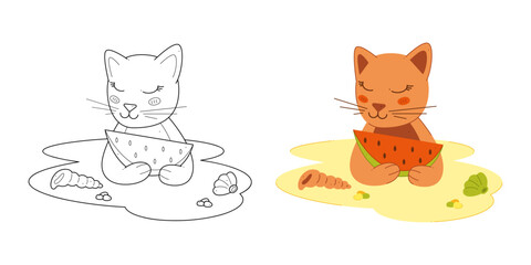 Two cute cats with a watermelon on the beach. Clip art for your projects.