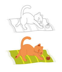 Two cute cats stretches on a beach towel. Clip art for your projects.