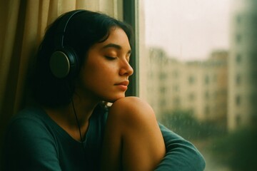 Nostalgic Indian Woman Listening to Music by Window, Headphones Mood