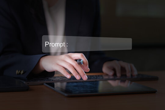 Corporate professionals crafting an AI prompt on a digital device, perfect for innovation, future tech, artificial intelligence training, language models, and smart assistants.