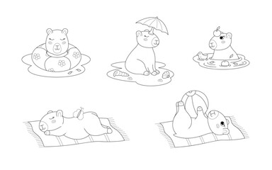 Five cute capybaras on the beach. Clip art for your projects.