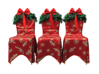 Three festive red chairs decorated with snowflakes and bows isolated on transparent background
