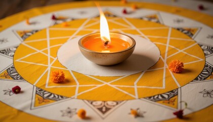 Beautifully arranged diya and marigold flowers on vibrant yellow patterned cloth during a spiritual ceremony