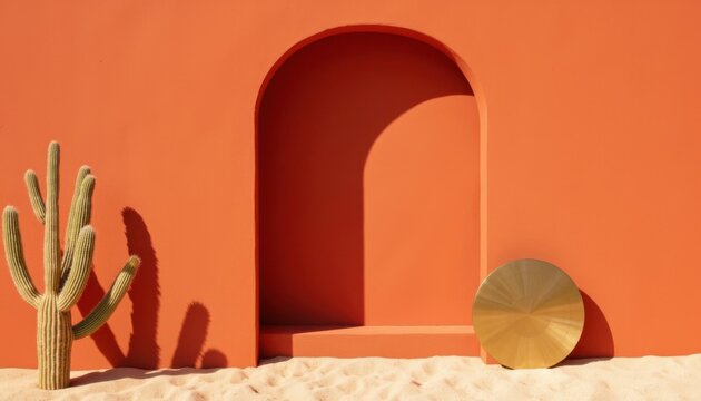 Relaxing desert space with vibrant orange wall and minimalist decor encourages calmness and creativity for visitors in warm sunlight