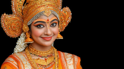 a close up of a person wearing a costume and jewelry on a black background with a black background behind it