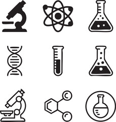 Black and white science laboratory icon set featuring microscope atom dna and chemical structures