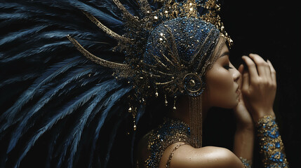 a close up of a person wearing a costume and jewelry on a black background with a black background behind it