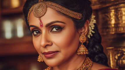 a close up of a person wearing a costume and jewelry on a black background with a black background behind it