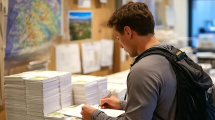 Over-the-shoulder view of a volunteer entering recipient data into a digital tracking system, with a backdrop of stacked aid boxes and printed distribution maps on the wall - Powered by Adobe