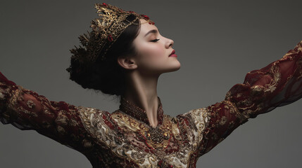 a close up of a person wearing a costume and jewelry on a black background with a black background behind it