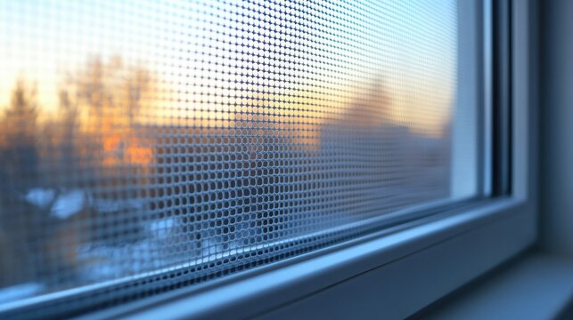 Close-up of mosquito net on window with soft evening light and blurred outdoor background