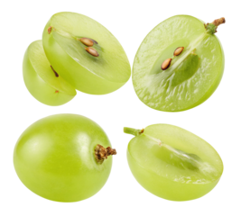 Fresh green grapes cut in half showing juicy texture and seeds with black background