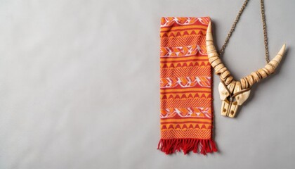 Handwoven textile and decorative horn skull on neutral background showcasing craftsmanship and culture