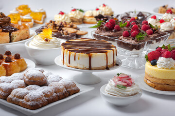 a table topped with lots of different types of cakes
