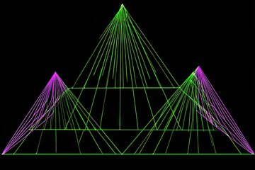 Obraz premium Three interconnected pyramids, outlined in vibrant green and magenta lines, radiating from a central point on a black background. Geometric design with radiating lines creating depth and structure