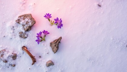 Purple flowers bloom on white snow, showcasing nature's resilience in winter's cold embrace