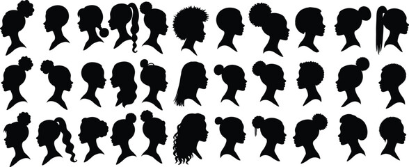 Girl silhouettes in different hairstyles and poses.