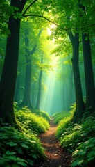 Naklejka premium Lush green canopy, sunlight dappling forest floor, undergrowth, leaves, canopy