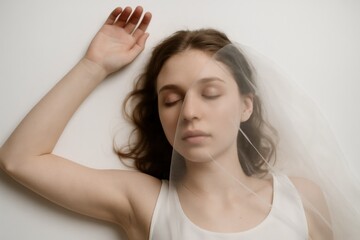 Serene Woman Resting with Veil, Minimal Dreamy Portrait