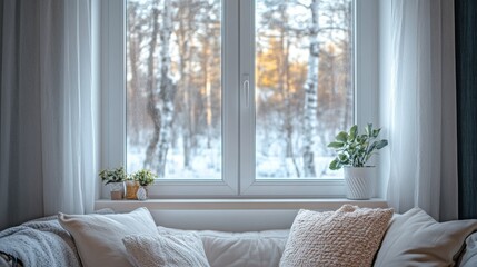 Fototapeta premium Cozy white living room with sofa knitted pillows and houseplants on windowsill overlooking snowy winter forest