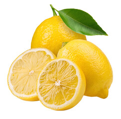 Fresh whole and sliced yellow lemon fruits with vibrant green leaf on white background image