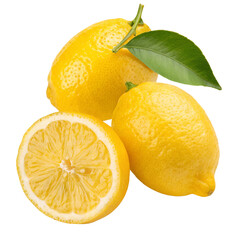 Fresh whole and sliced lemons isolated on black background with green leaf close up vibrant color
