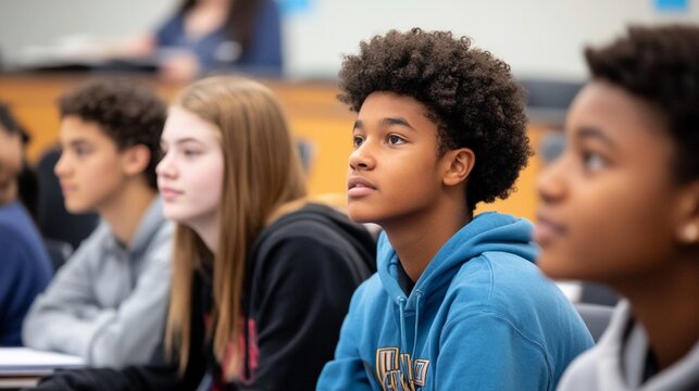 Attentive students in a classroom setting, focused young learners listening intently during an engaging educational session with diverse backgrounds