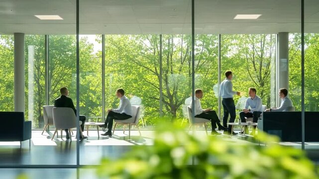 A group of business people are having a meeting in a modern office with large windows overlooking lush green trees