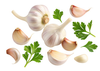 Fresh garlic cloves and parsley isolated on white background for culinary and health inspiration