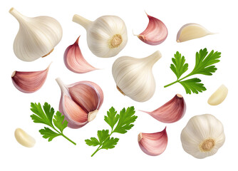 Garlic cloves and parsley sprigs arranged on a white background in an artistic decorative pattern