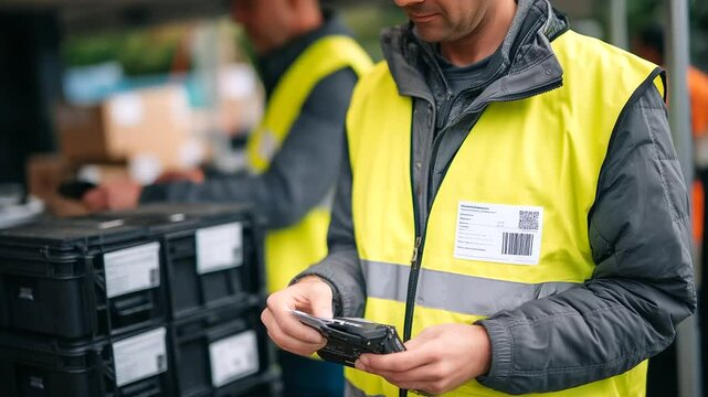 Close-up of barcode scanning as volunteers process deliveries of brand-new drone units, background filled with flight cases, labels reading 'Surveillance Unit B' and 'Cargo Drone 