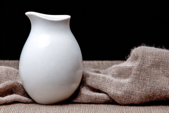 A smooth, white ceramic pitcher rests on a muted burlap cloth against a dark background - Powered by Adobe