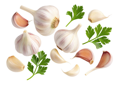 Fresh garlic bulbs and parsley leaves isolated on white high quality culinary ingredients