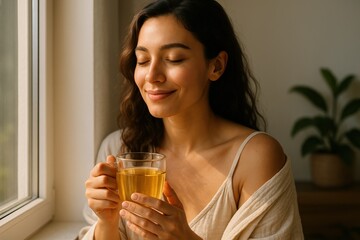 Smiling Woman Enjoying Morning Tea, Cozy Home Serenity